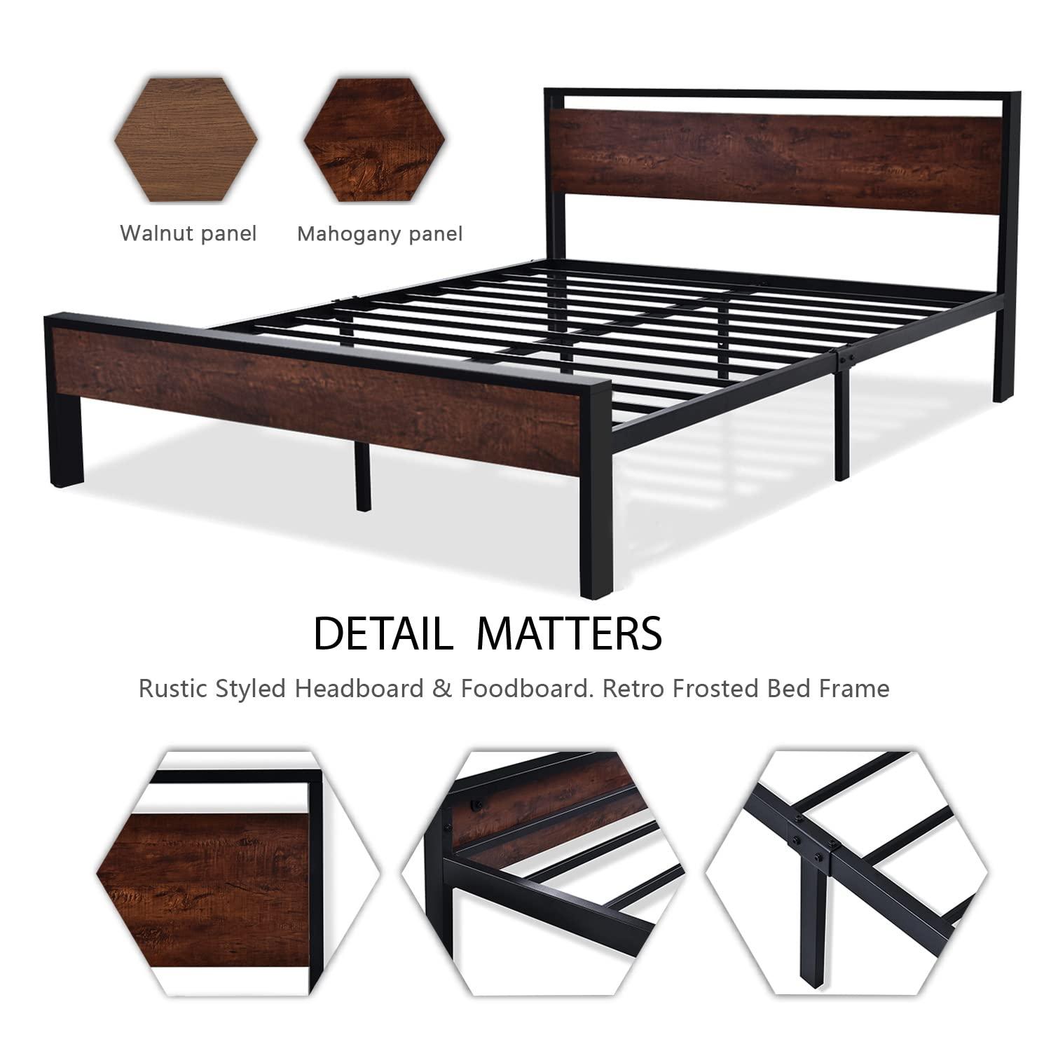 Sha Cerlin King Size Metal Platform Bed Frame with Wooden Headboard & Footboard, Mahogany