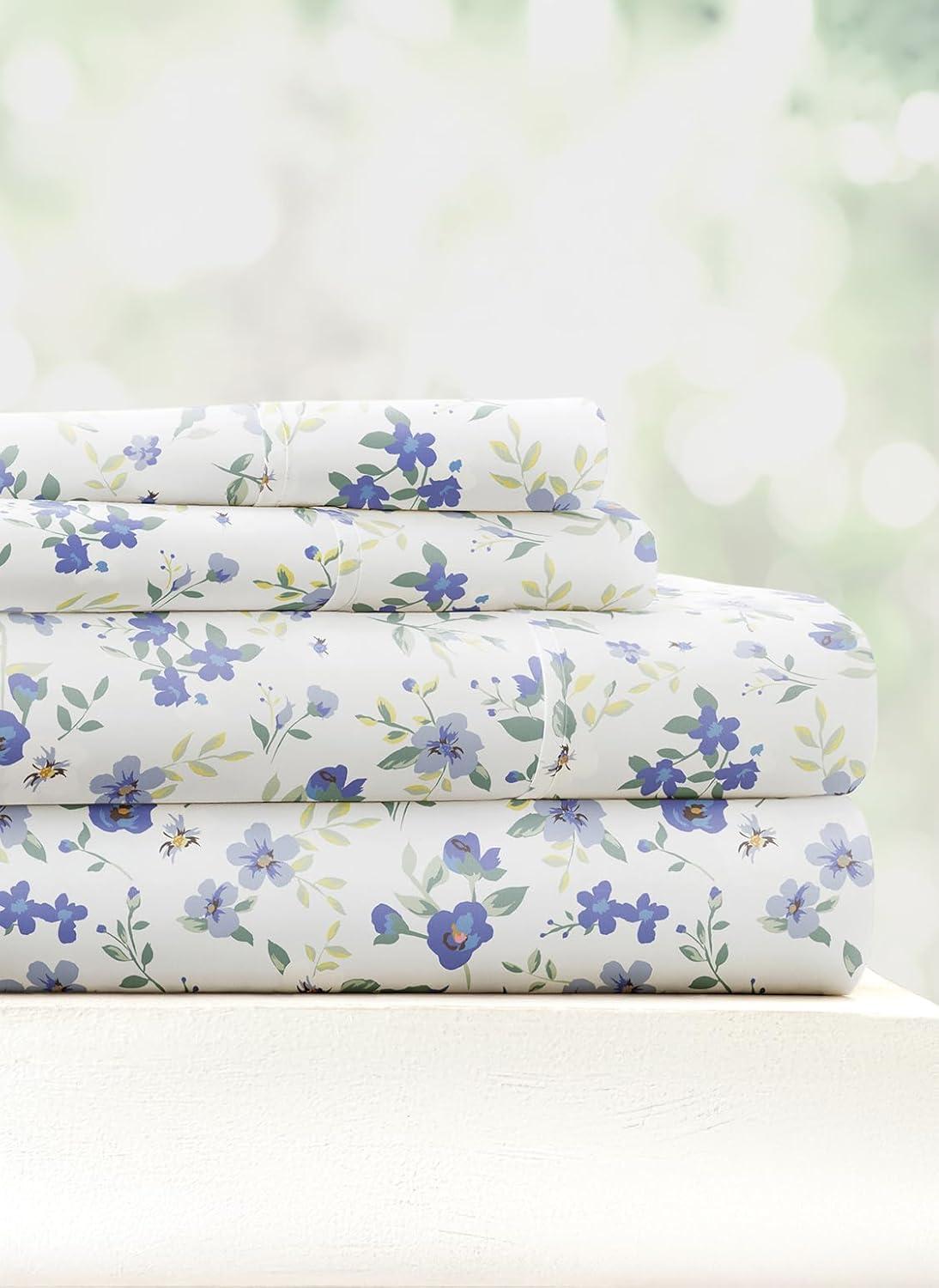 Light Blue Floral Queen Microfiber Bed Sheet Set