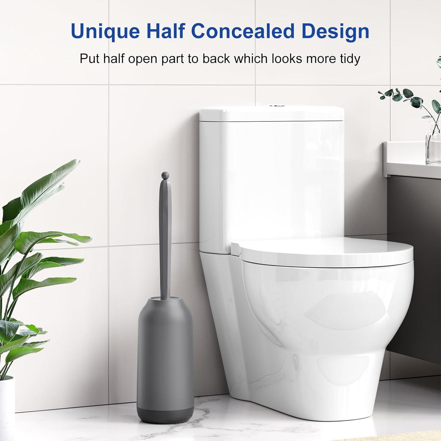Toilet Bowl Brush Holder Set: Bathroom Deep Cleaning Toilet Cleaner Scrubber Under Rim with Curved Bristle for Dead Corner Clean - Hidden Rv Toilet Decorative Accessories with Caddy- Gray