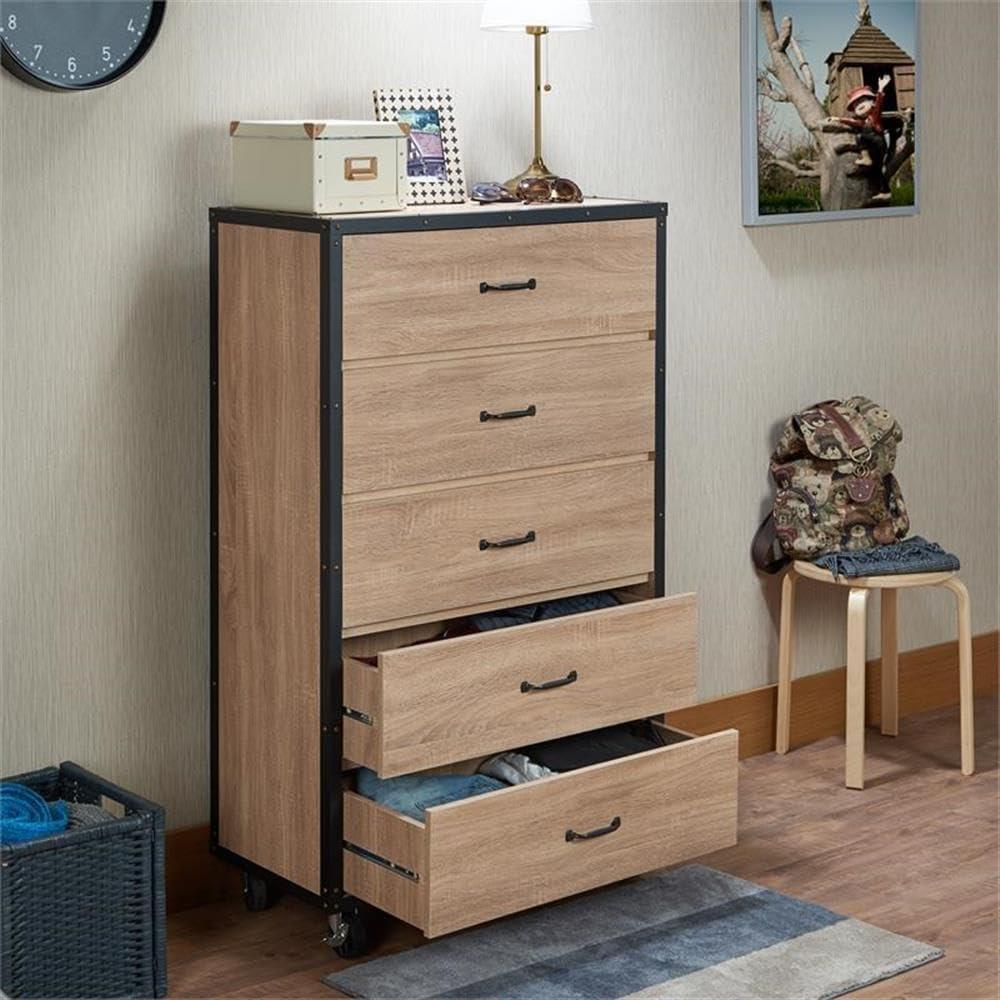 Weathered Light Oak Industrial Chest with Casters and Felt Lined Drawers