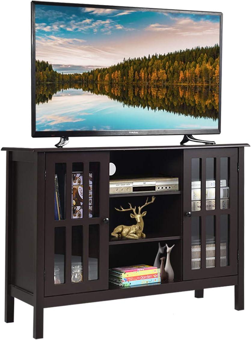 Elegant Tall Brown TV Console with Cabinet Storage and Shelves