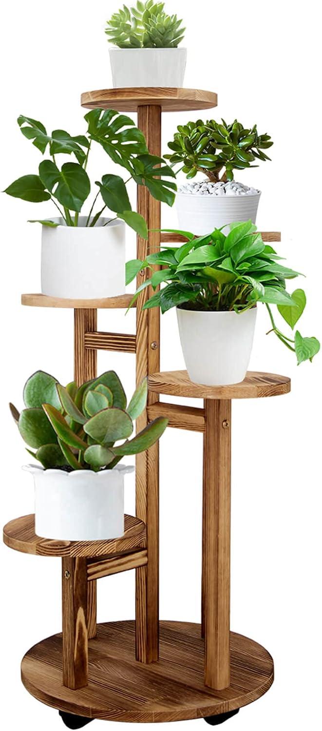 Walnut 5-Tier Pine Wood Indoor Plant Stand with Wheels