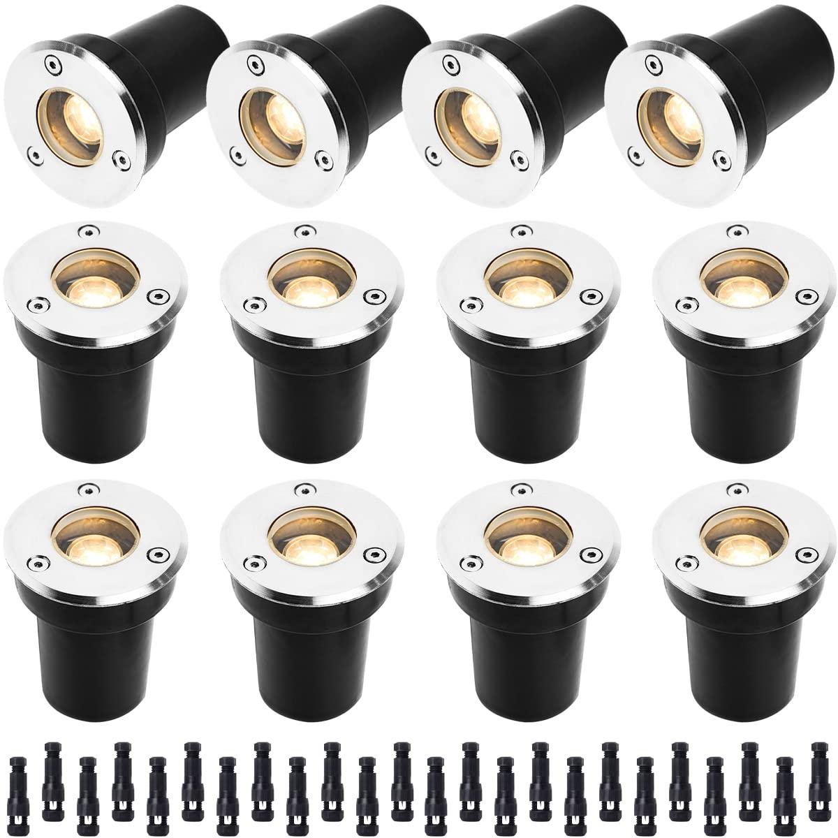 EAGLOD LED Low Voltage Landscape Lights With Connectors 1W Well Lights, 12V-24V In-Ground IP67 Waterproof 3000K Soft Warm White 100 Lumen for Up Lighting Garden Plant, Driveway (12 Pack)
