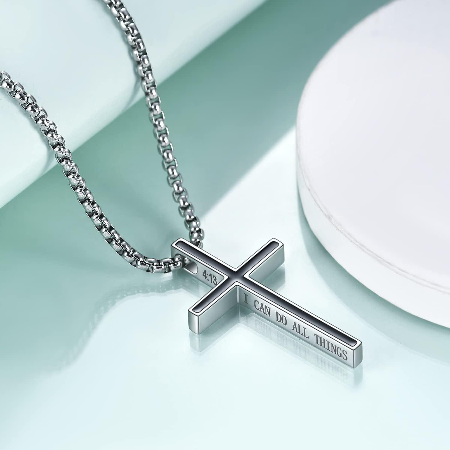 Philippians 4:13 Cross Pendant Necklace, I CAN DO ALL THINGS Bible Verse Stainless Steel Necklace Confirmation Jewelry Gifts