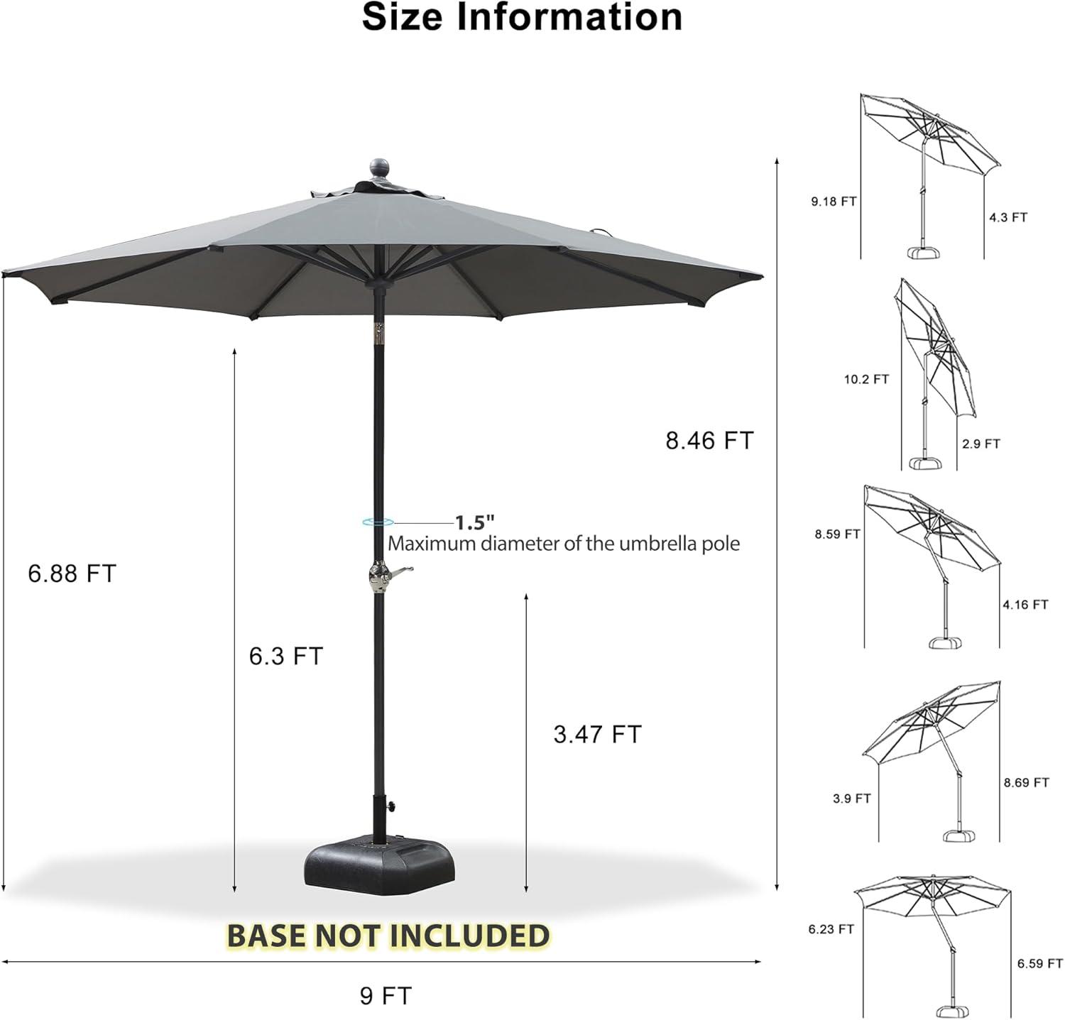 PURPLE LEAF 9 ft Patio Umbrella Outdoor Market Umbrella w/ Dual Tilt Buttons & Crank, 8 Aluminum Ribs, UV Protection for Garden Deck Pool Patio - Gray