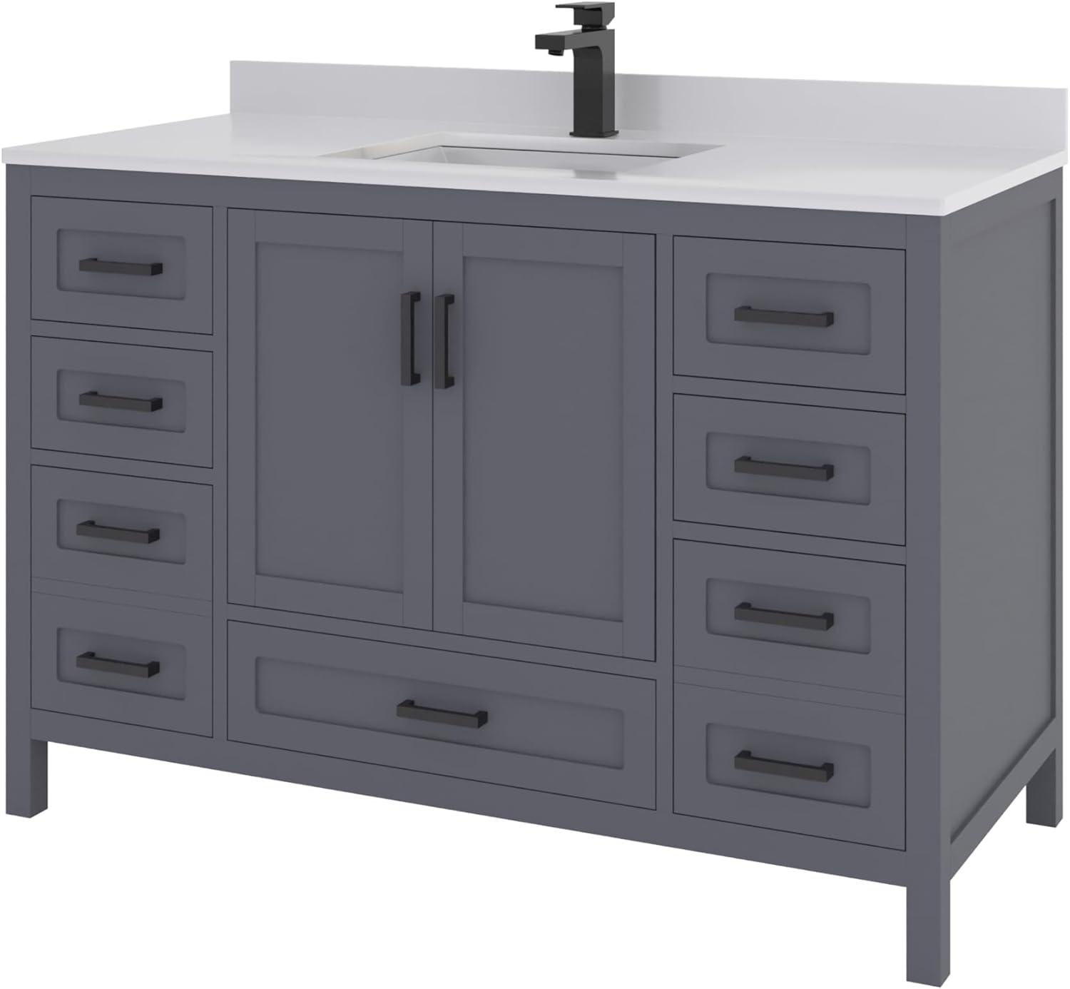 Ayna Decors Rooh 48 in Charcoal Grey Bathroom Vanity Set with White Quartz Countertop | Ceramic Sink | 2 Soft Closing Doors | 7 Full Extention Soft Close Drawer | Black Hardware