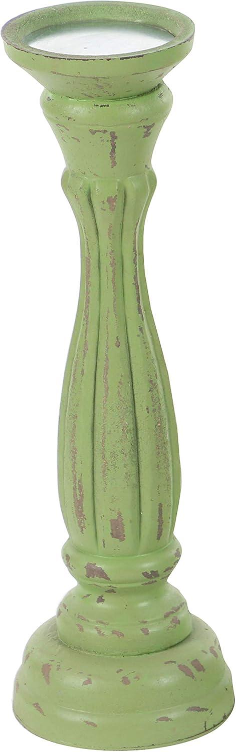 DecMode 3 Candle Green Wooden Distressed Turned Pillar Candle Holder, Set of 3