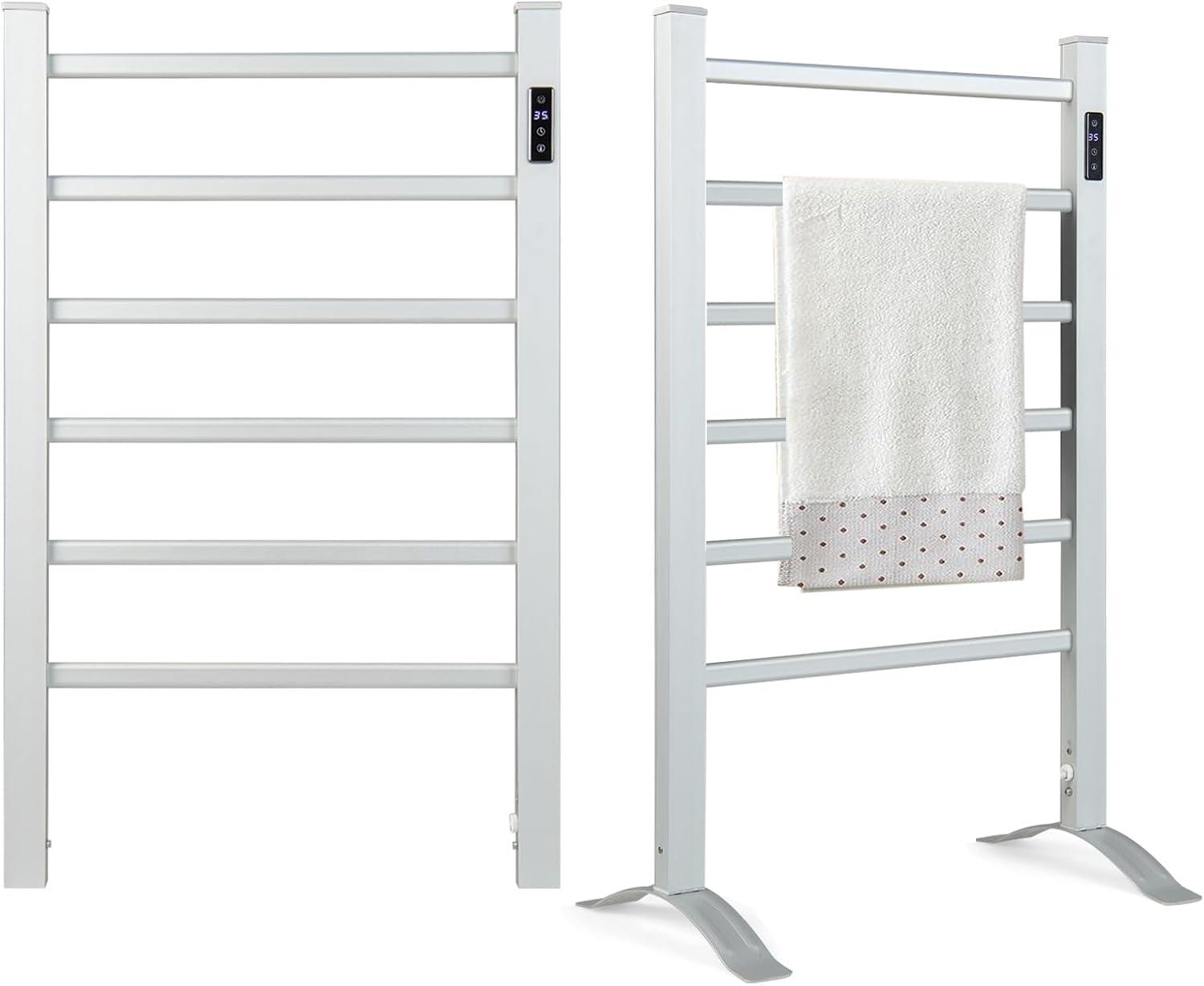 Topcobe Freestanding and Wall-Mounted 6 Bars Towel Warmer with Timer and LED Display, Bathroom Furniture, Electric Heated Towel Racks for Bathroom, Silver