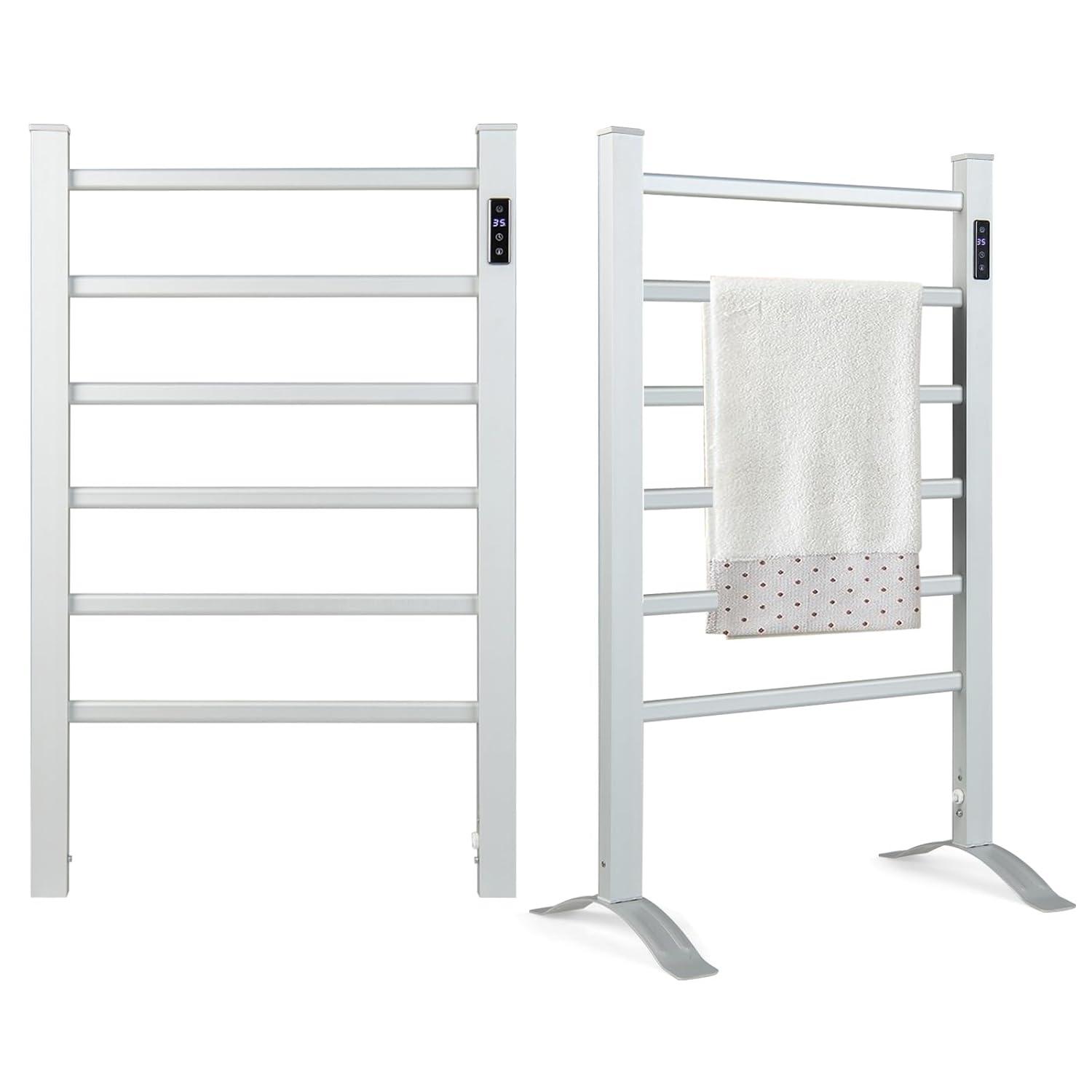 Costway Freestanding Wall Mounted Towel Warmer 6-Bar Aluminum Heated Towel Rack w/ Timer