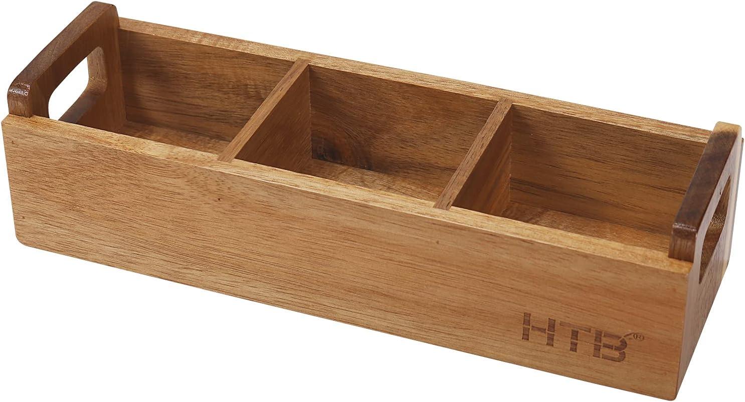 HTB Small Tea Bag Holder Pack of 2, Bamboo Tea Organizer 3 Compartments for Beverage Suppliers, Sweeteners, Individual Packets, Portable Tea Bag Organizer for Home Kitchen Counter or Office