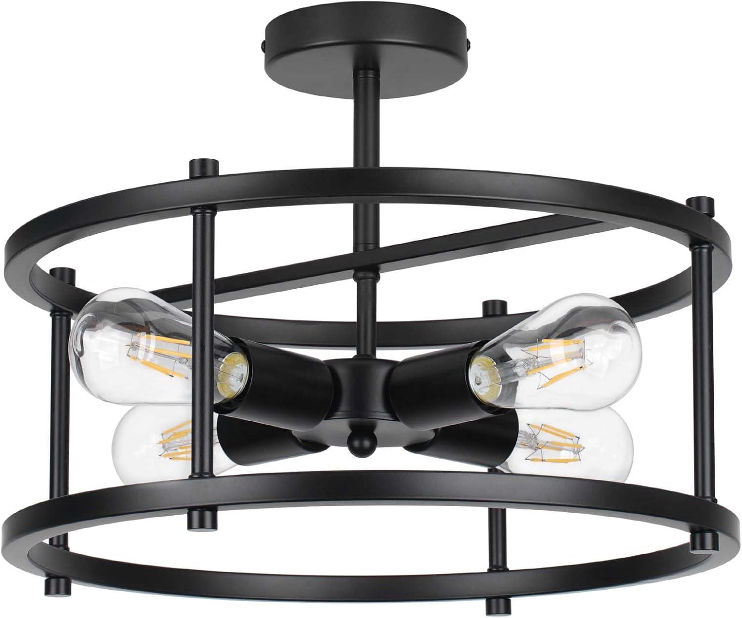 16.54'' Matte Black Metal Drum Semi-Flush Mount Ceiling Light