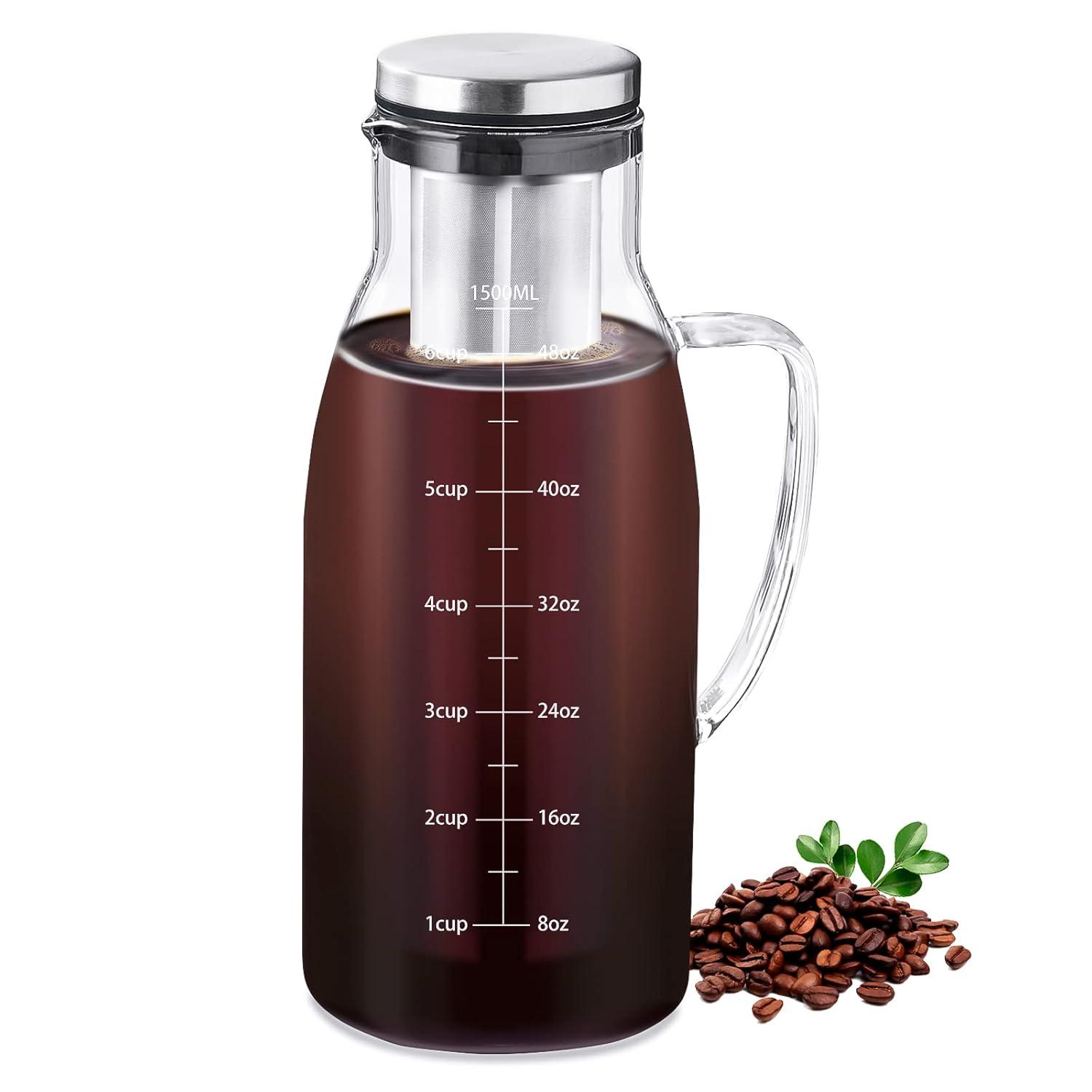 Cold Brew Coffee Maker 1.5L/51oz – Borosilicate Glass Pitcher with Stainless Steel Filter & Lid, Airtight BPA-Free Cold Brew Carafe for Iced Coffee or Tea, Dishwasher Safe & Fridge Friendly