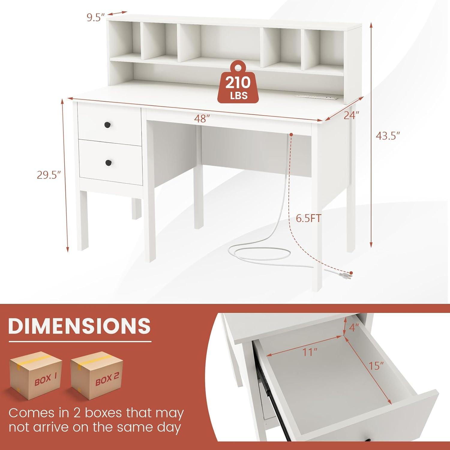 White Desk with Drawers & Hutch, Modern Home Office Desk Writing Study Desk with Charging Station, Laptop Desk with 5 Storage Compartments, Computer Workstation Makeup Vanity Desk