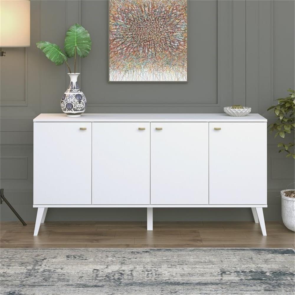 Milo Mid-Century Modern 4 Door Buffet Server White - Prepac: Laminated Storage Cabinet, CARB Certified
