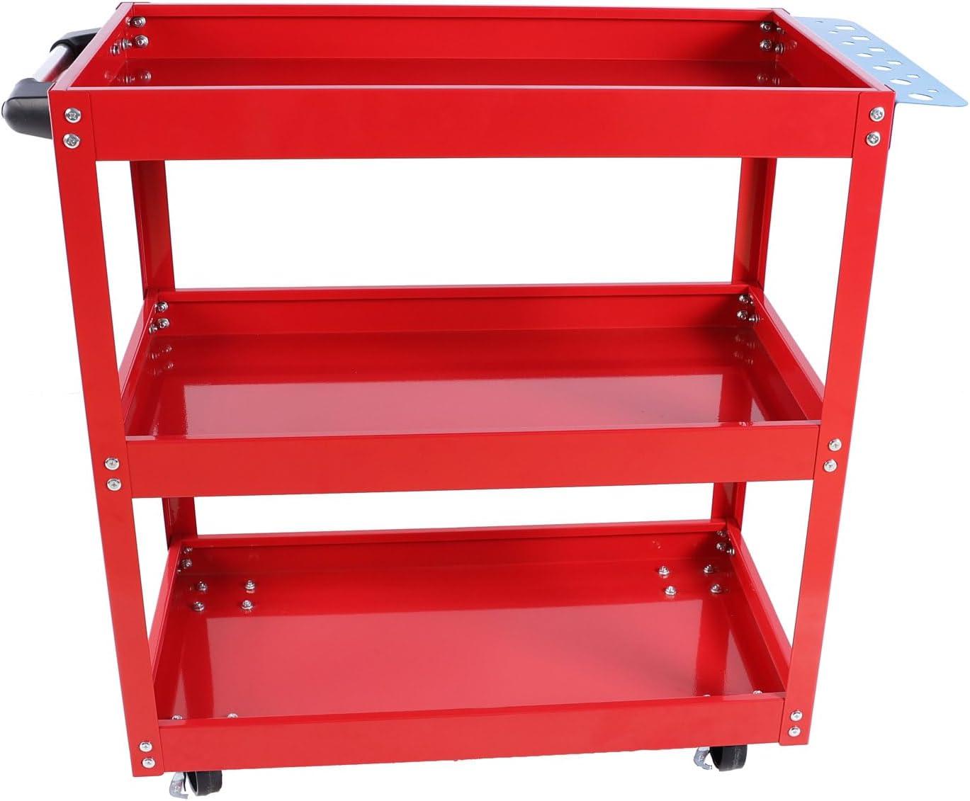 3-Tier Utility Cart,3 Shelves Rolling Carts with Brake Wheels,450lbs Load Capacity,Heavy Duty Mechanic Storage Cart Utility Cart for Garage Warehouse Workshop (Red)