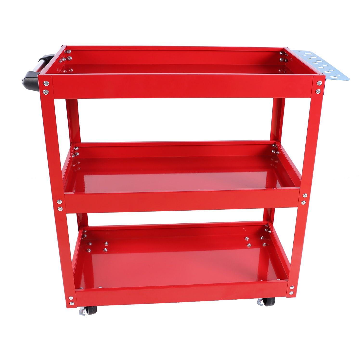 3-Tier Utility Cart,3 Shelves Rolling Carts with Brake Wheels,450lbs Load Capacity,Heavy Duty Mechanic Storage Cart Utility Cart for Garage Warehouse Workshop (Red)