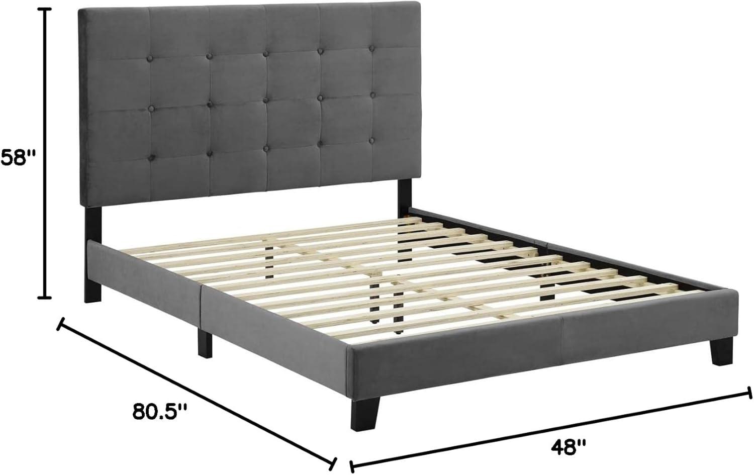 Contemporary Modern Urban Designer Bedroom Full Size Platform Bed Frame, Velvet Fabric, Grey Gray