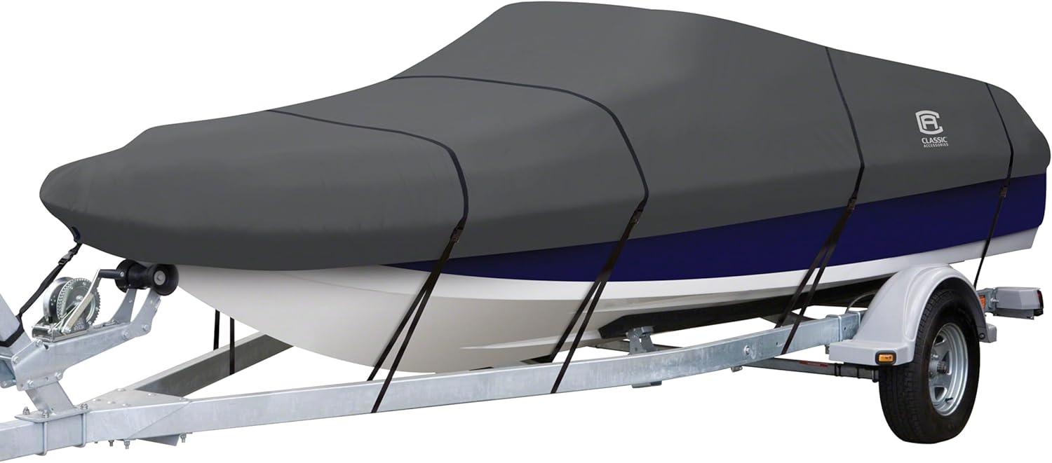 Classic Accessories StormPro™ Heavy Duty Boat Cover with Support Pole, Fits Boats 22' - 24' L x 116" W, Trailerable Boat Cover, Model F, Charcoal