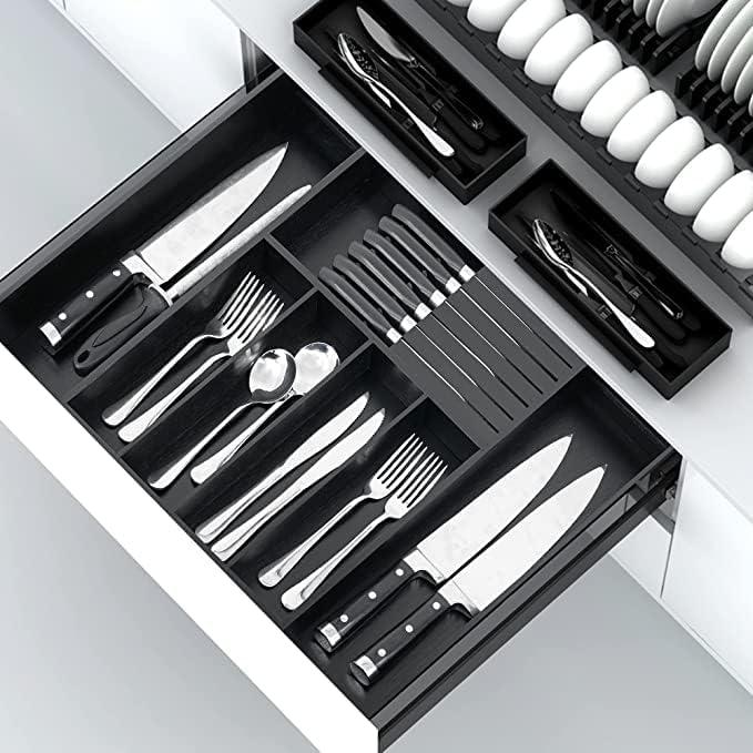 Bamboo Expandable Kitchen Drawer Organizer, Adjustable Utensil Holder and Cutlery Tray Organiser, Drawer Divider for Silverware, Flatware, Knives in Kitchen, Bedroom, Living Room