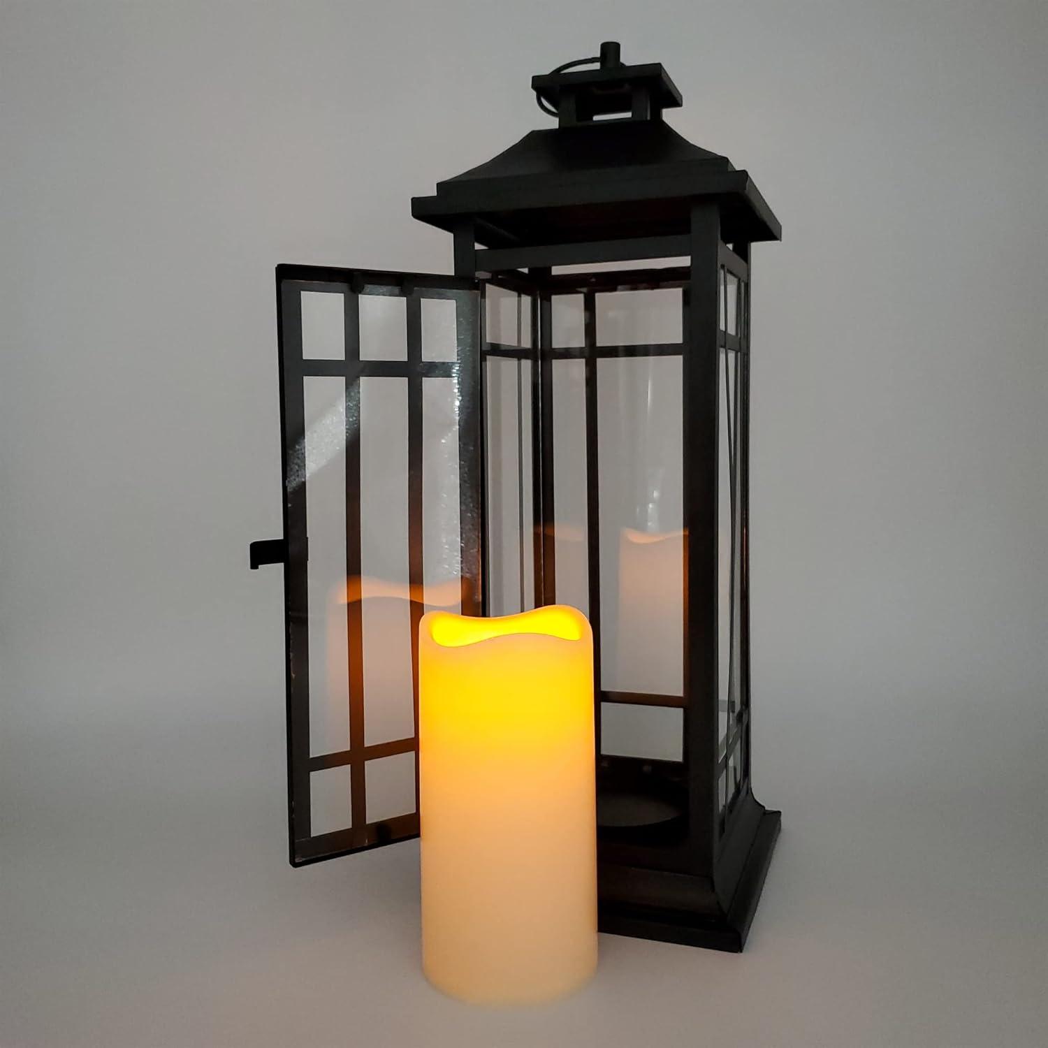 LumaBase Battery Operated Metal Lantern with LED Candle - Black Window (17 inches)
