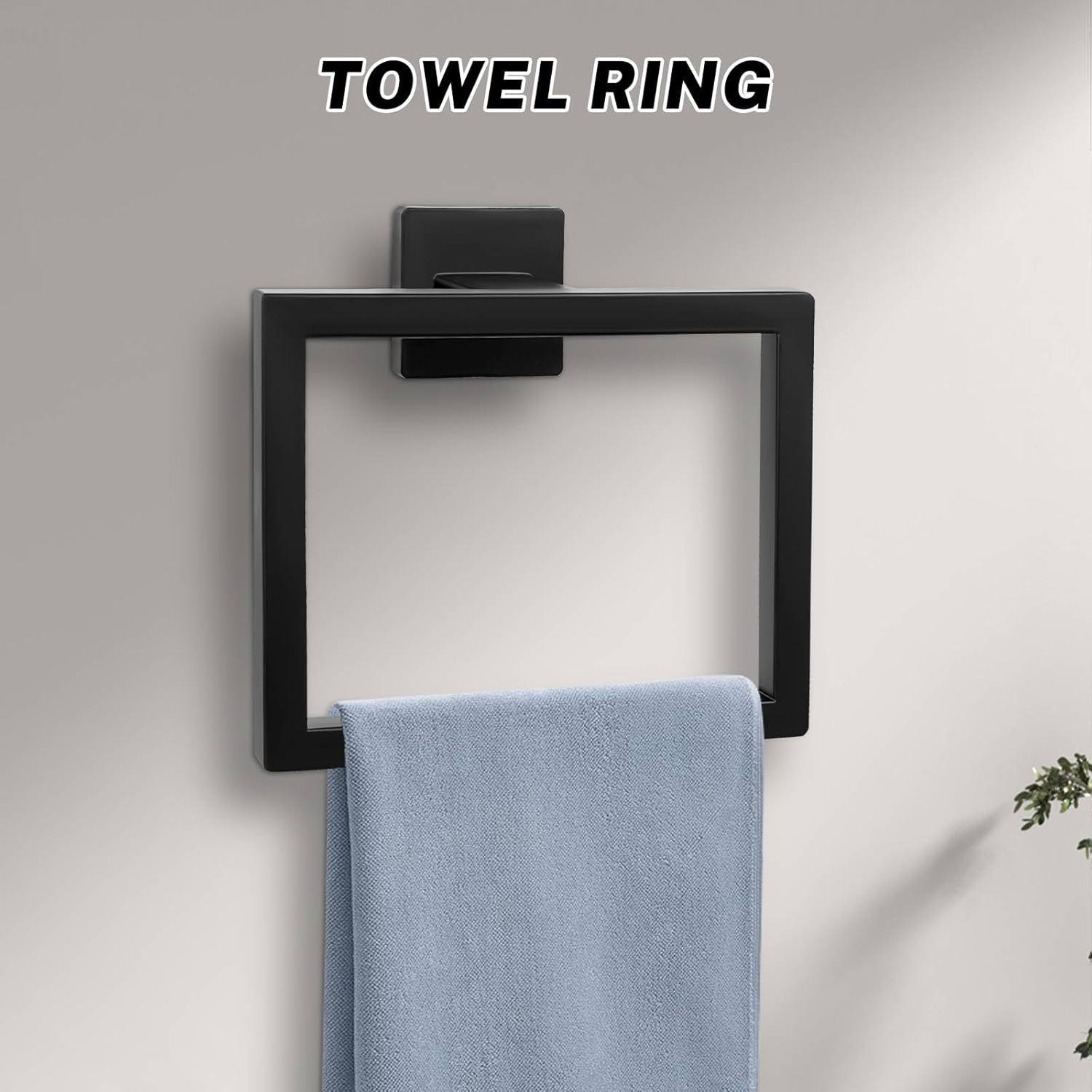 Black Towel Bar Set 5-Piece Bathroom Hardware Set,Square SUS304 Stainless Steel - 23.6 Inch Wall Mounted Towel Rack,Toilet Paper Holder,Towel Ring and Towel Hook