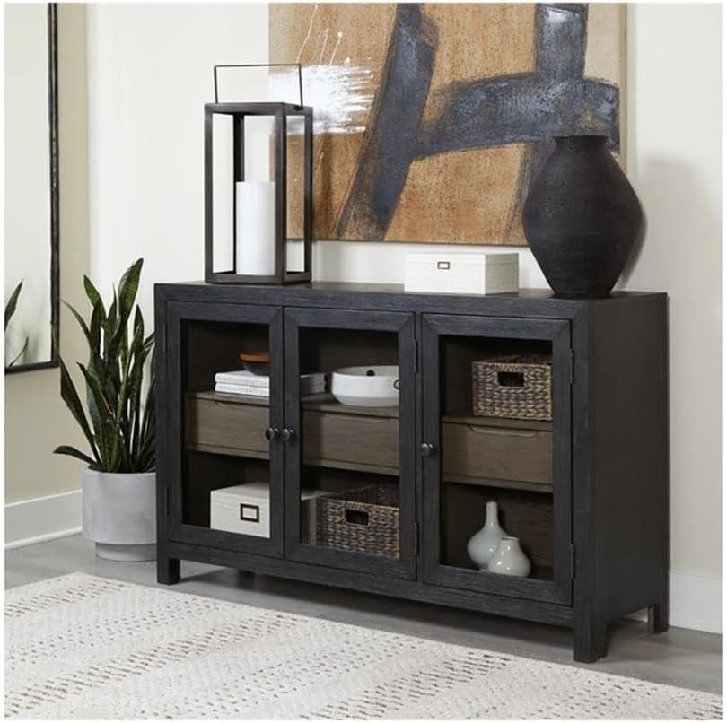 Benjara Liam Sideboard Accent Cabinet, 3 Glass Door