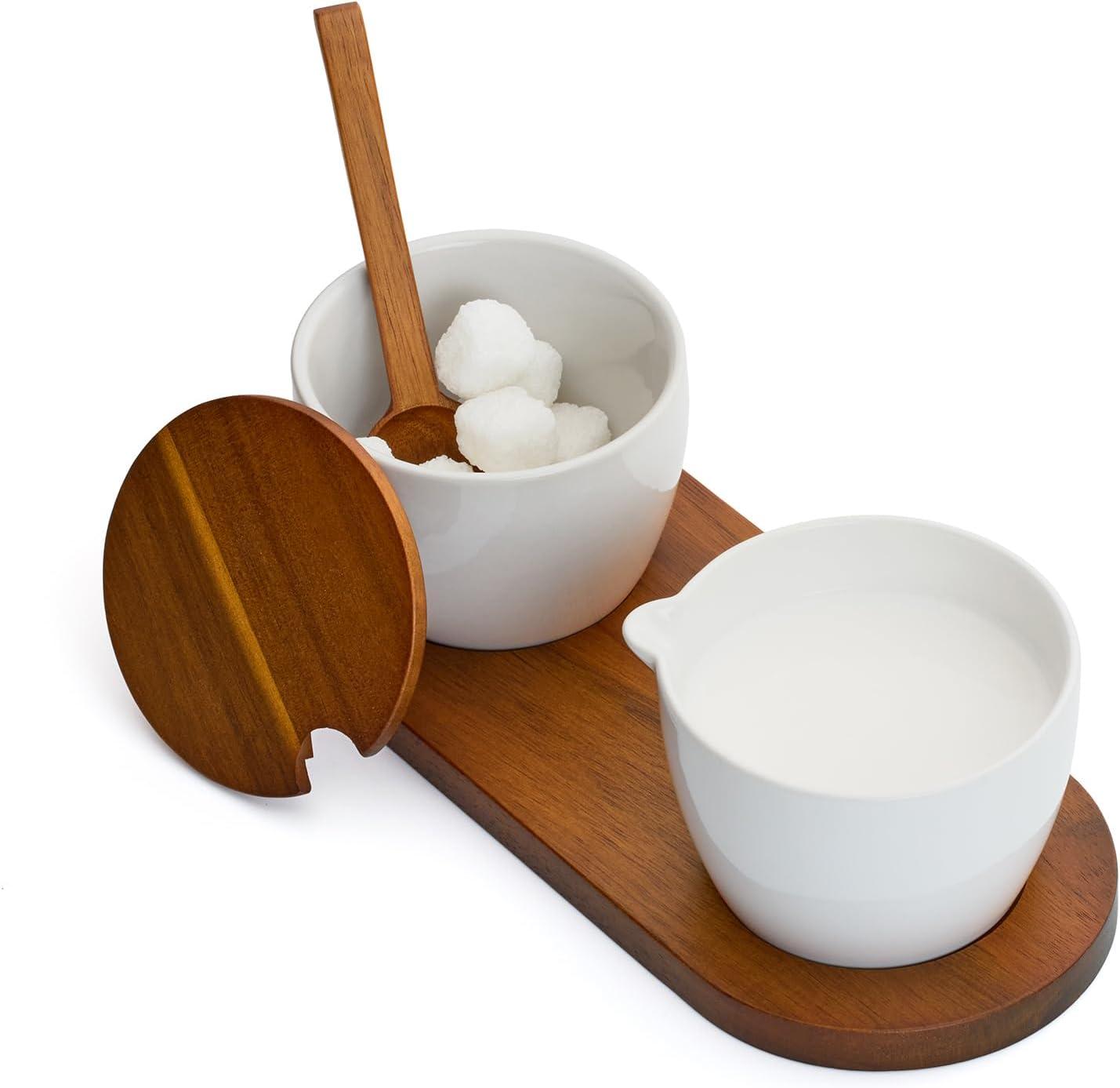 Nambé Duets Sugar & Creamer - White Porcelain & Acacia Wood Finish Set - 9.5" x 3.25" - with Lid & Spoon for Dining, Coffee & Tea Service