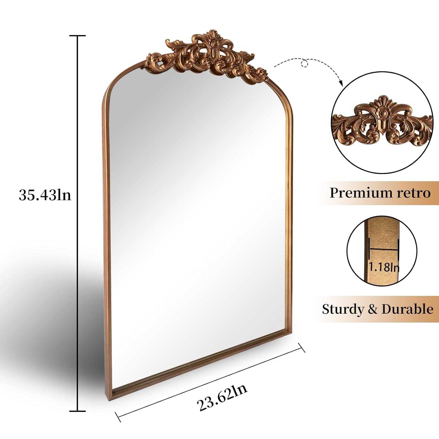 BohoBliss 24"X36" Gold Vintage Mirror for Wall, Antique Arch Mirror, Victorian Ornate Baroque Mirror for Wall, Mantel, Fireplace, Living Room, Hallway, Bathroom, Bedroom, Entryway