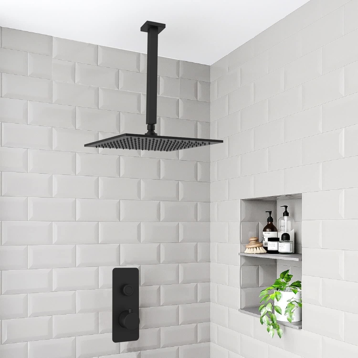 Aquaiaw Shower Head, 12 inch Fixed Rain Head Shower, Seamless Laser Soldered 304 Stainless Steel, 1-Piece Construction, Matte Black, Square, Wall or Ceiling High Pressure Shower, 2.5 GPM, Brass Joint