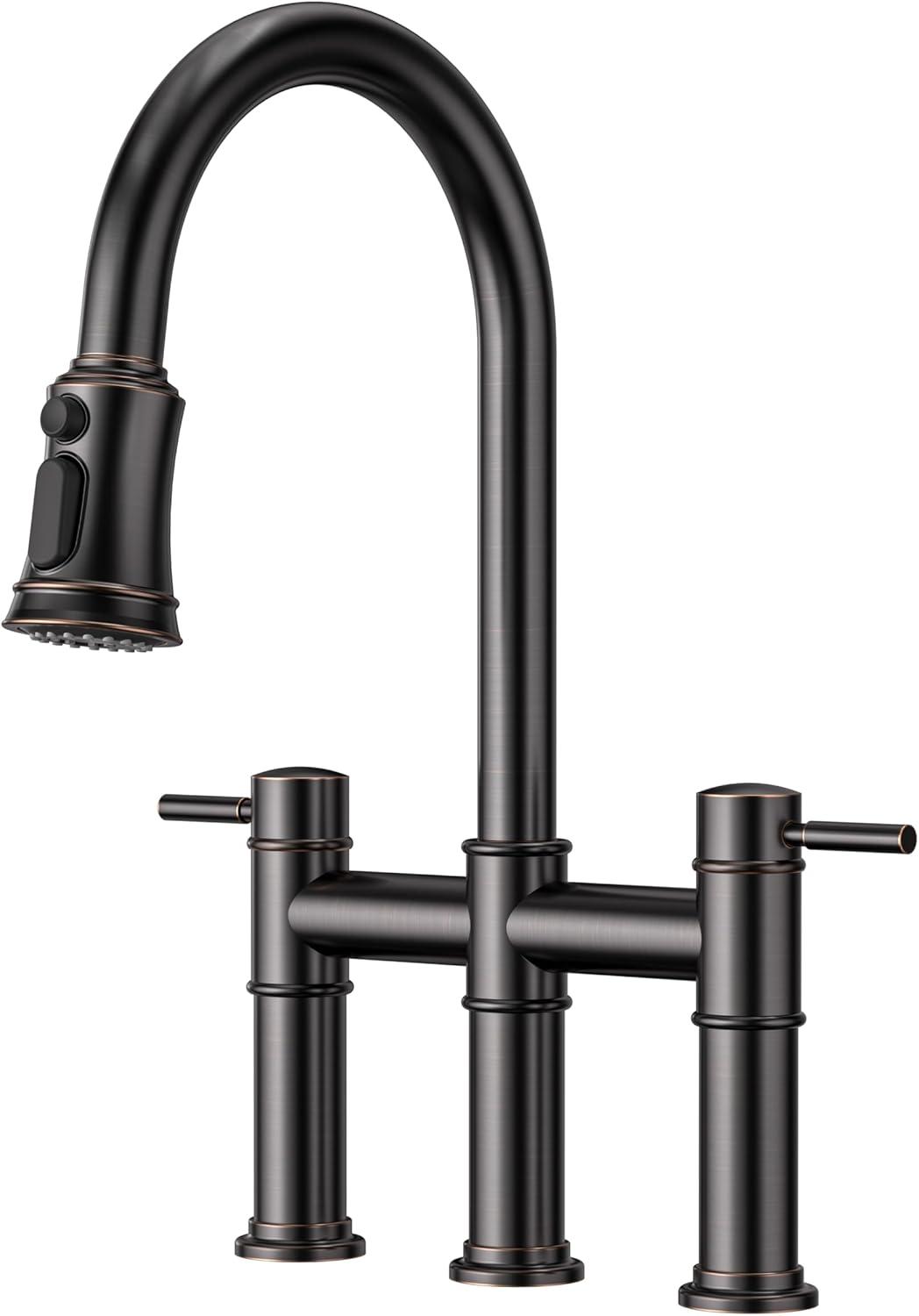 Double Handle Bridge Kitchen Faucet with Pull Down Sprayer in Oil Rubbed Bronze