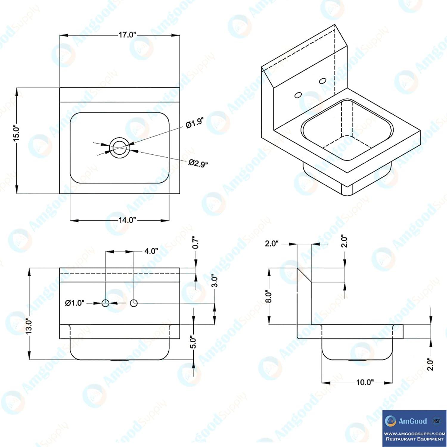 17in. x 15in. Stainless Steel Hand Sink. Commercial Wall Mount Hand Basin. NSF Certified.