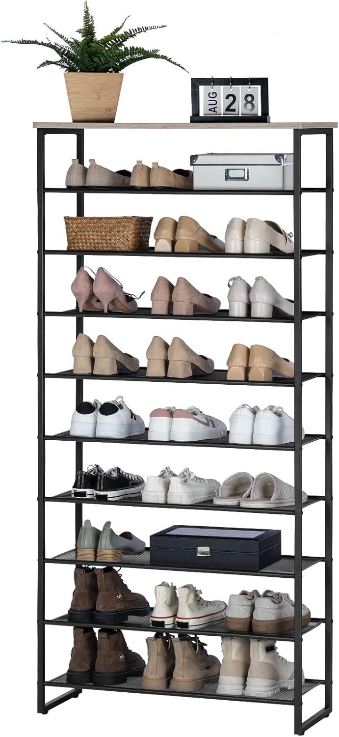 Greige and Black 10-Tier Industrial Shoe Rack with Metal Shelves