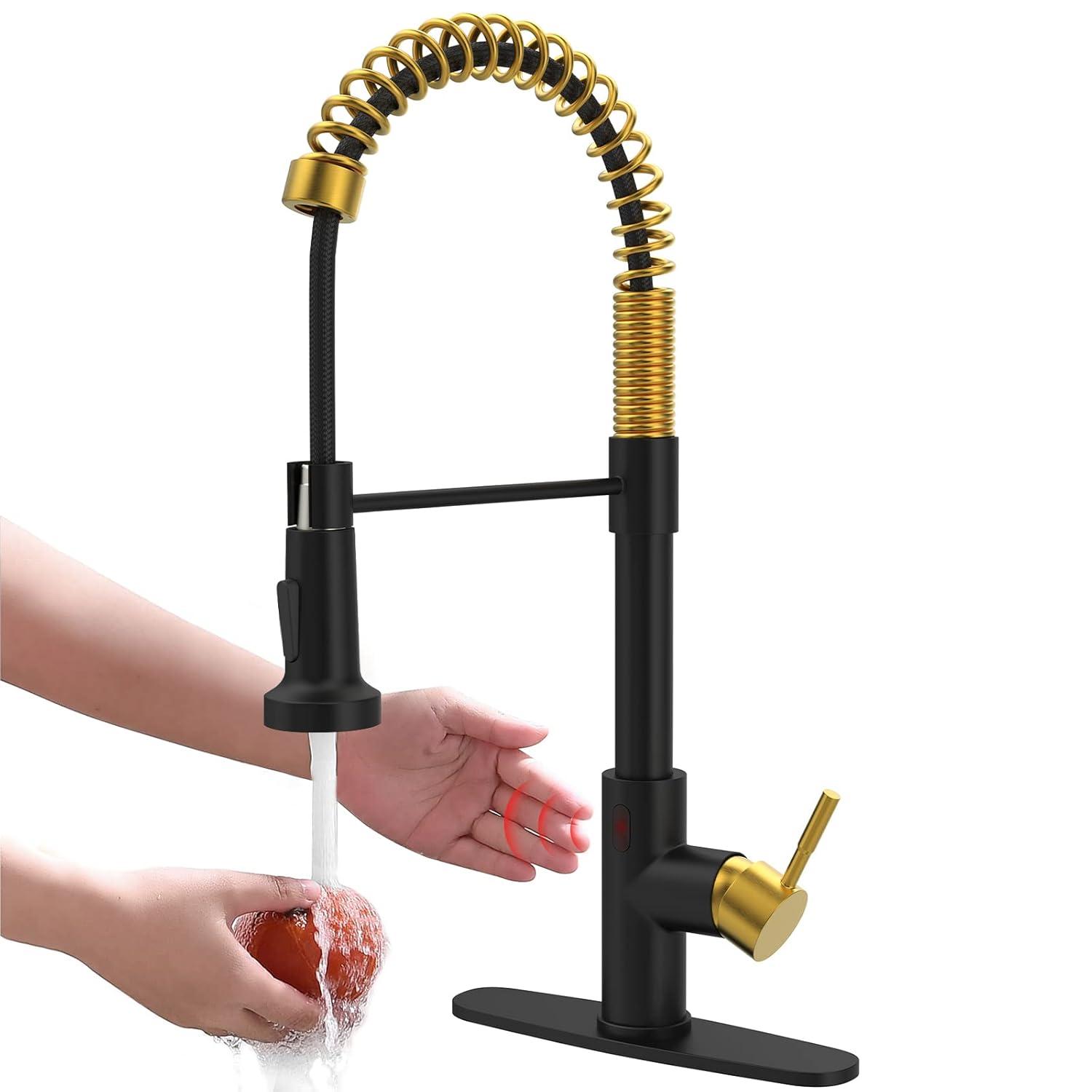 GIMILI Black and Gold Touchless Kitchen Faucet with Pull Down Sprayer Motion Sensor Smart Hands-Free Activated Single Hole Spring Faucet for Kitchen Sink
