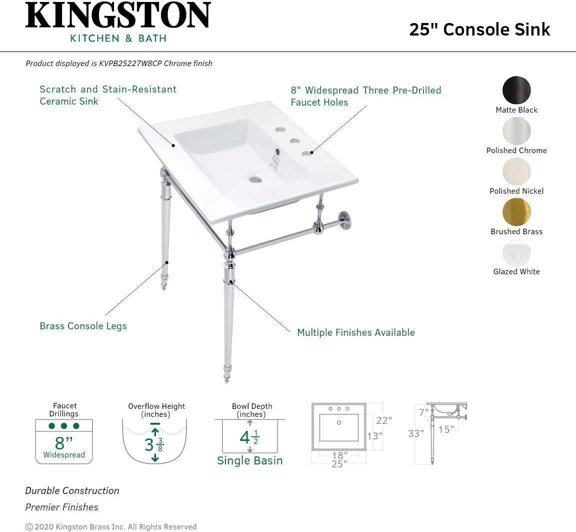 Kingston Brass Edwardian 25-Inch Ceramic Console Sink with Brass Legs (8-Inch, 3-Hole)