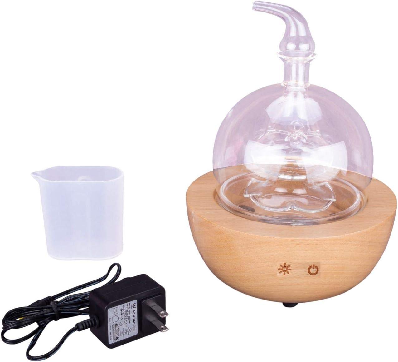 EcoGecko Aroma Essential Oil Diffuser made from Wood and Hand Blown Glass for Aromatherapy Nebulizer Pure Essential Oils with Touch Button Timer and 7 Color LED lights
