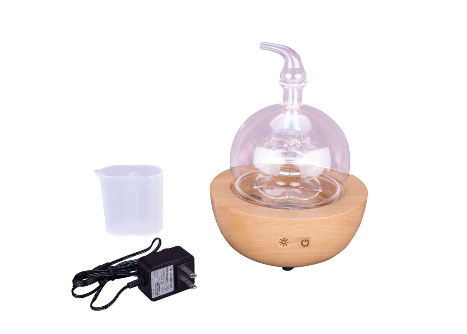 EcoGecko Aroma Essential Oil Diffuser made from Wood and Hand Blown Glass for Aromatherapy Nebulizer Pure Essential Oils with Touch Button Timer and 7 Color LED lights