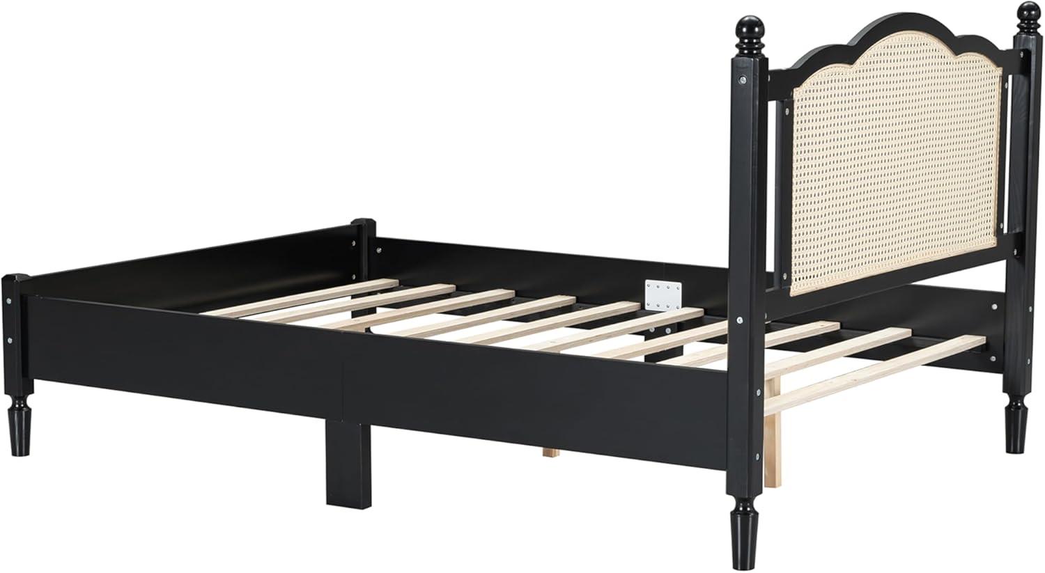 Wooden Platform Bed with Natural Rattan Headboard, Full Size Platform Bed with Wooden Slat Support, Vintage Rattan Bed Frame, No Box Spring Needed (Black,Full,233)