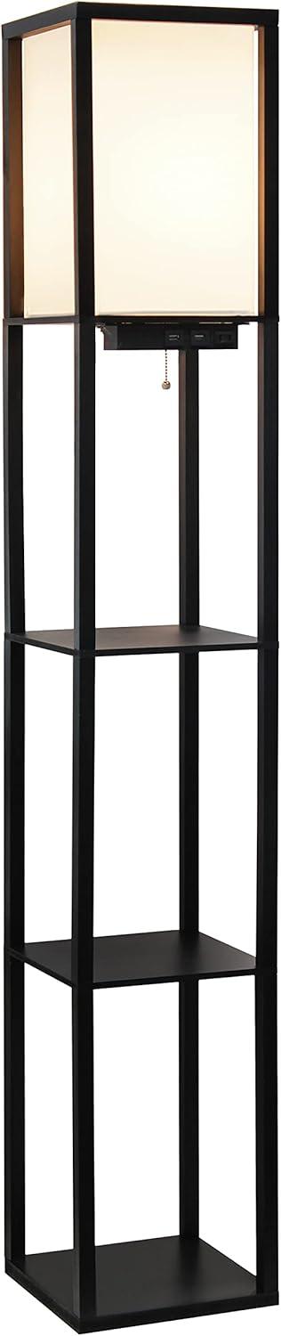 Simple Designs 62.5" 3-Shelf Etagere Organizer Storage Floor Lamp with USB Ports, Charging Outlet, Black