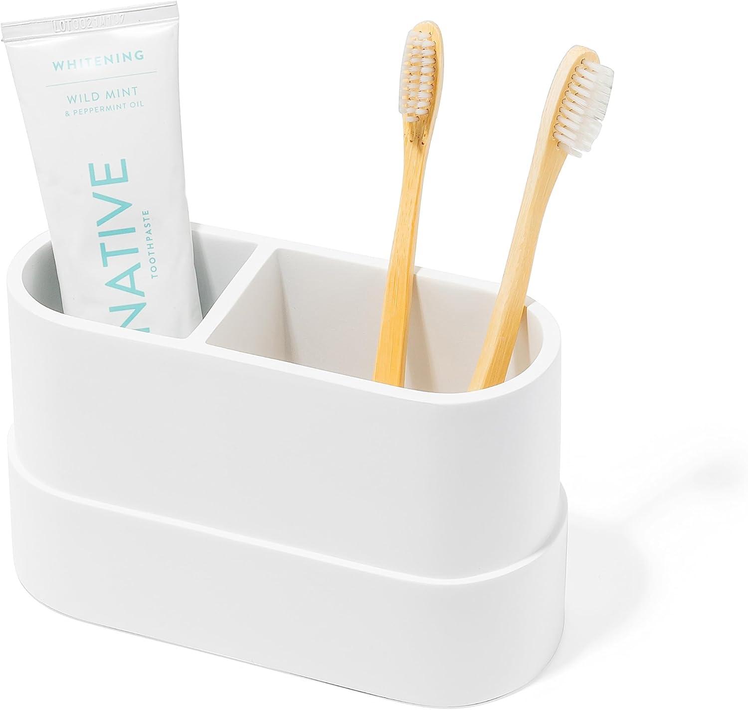 Matte White Resin Toothbrush and Toothpaste Holder with Rubber Pads