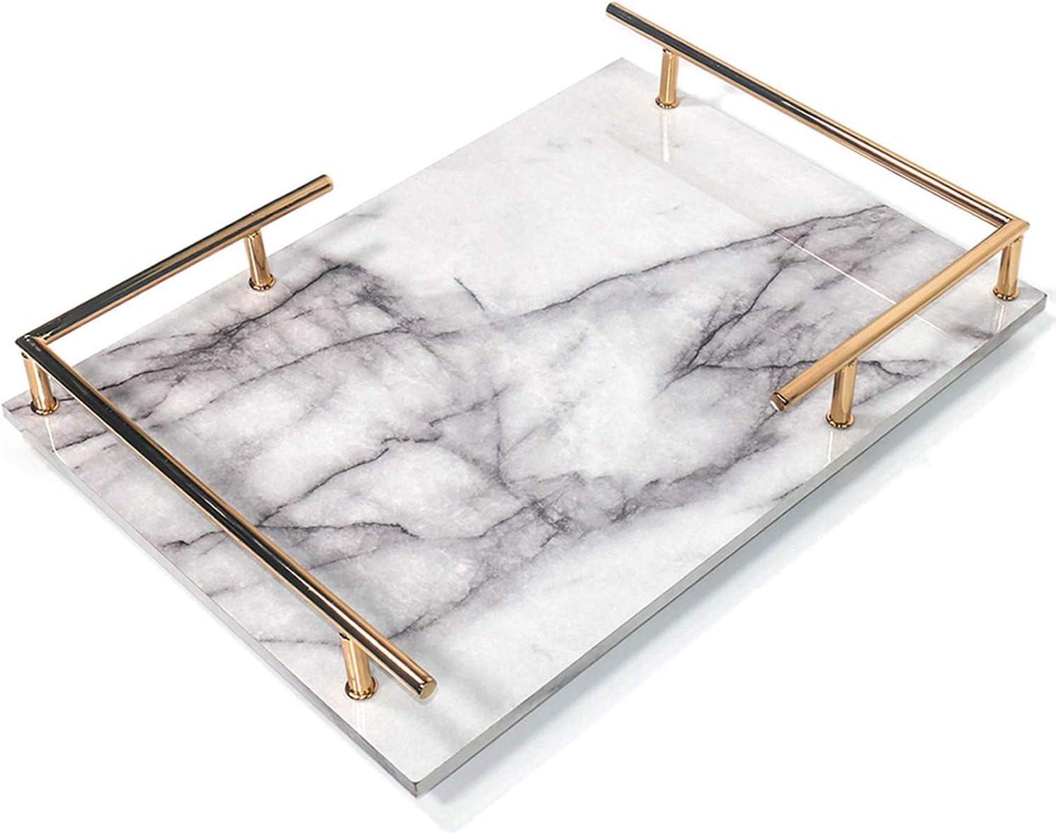 Gray and White Marble Print Vanity Tray with Gold Handles