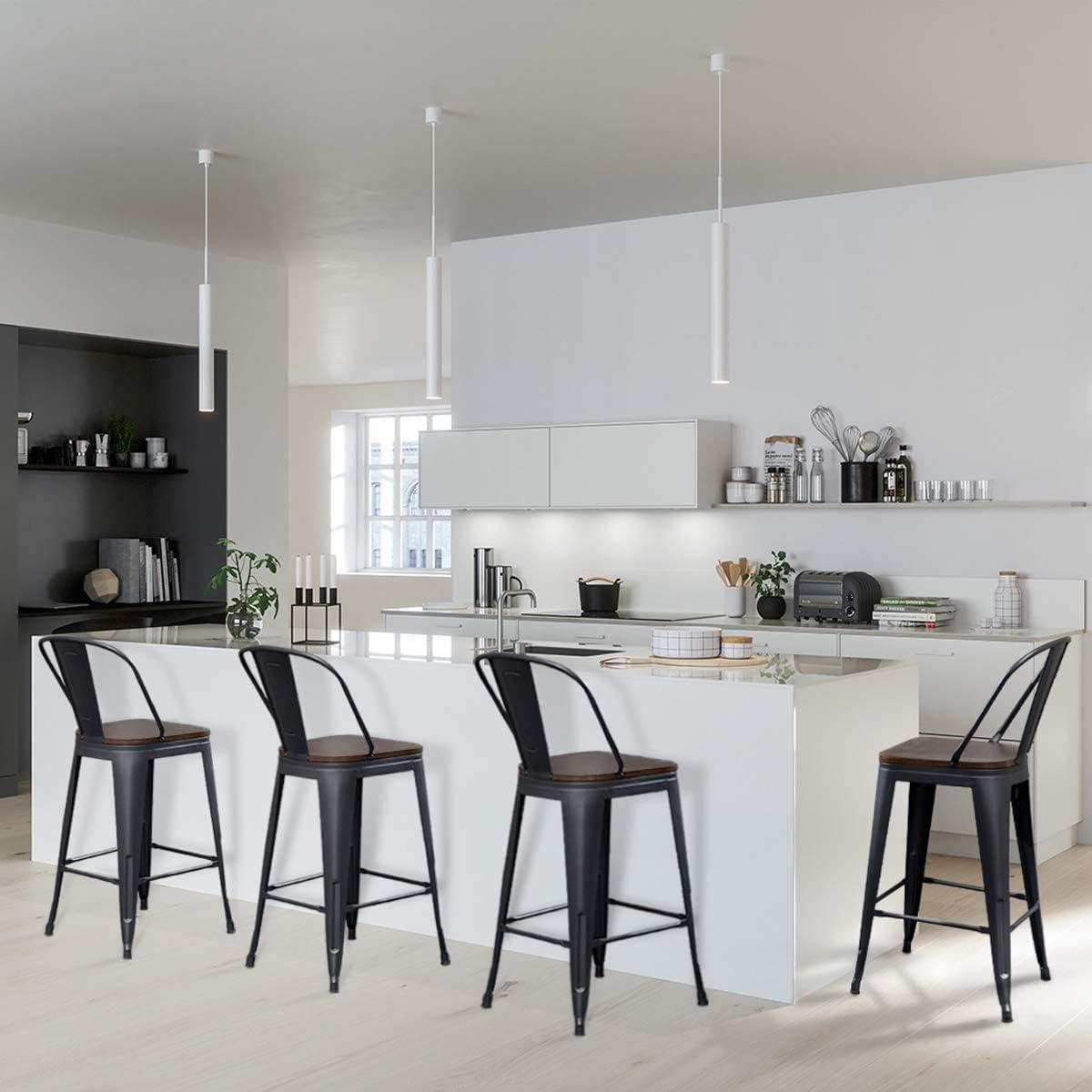 Andeworld Swivel Metal Bar Stools Set of 4 Counter Height Stools Counter Bar Stools with Back Swivel Metal Bar Chairs Wooded Seat 30 Inch Matte Black