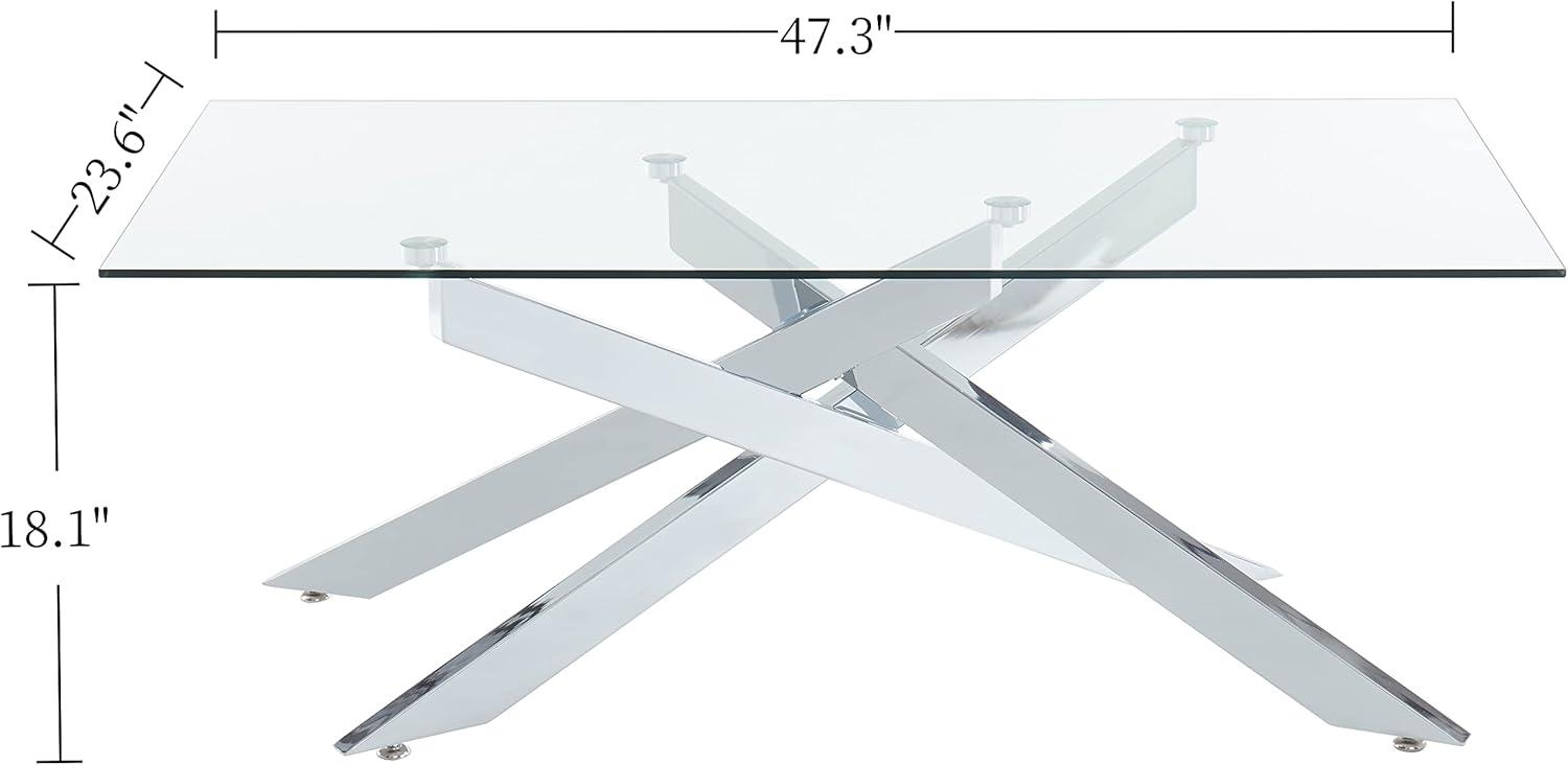 Rectangle Modern Coffee Table, Tempered Glass Top and Metal Tubular Leg, 47.3”Lx23.6”Wx18.1”H, Silver