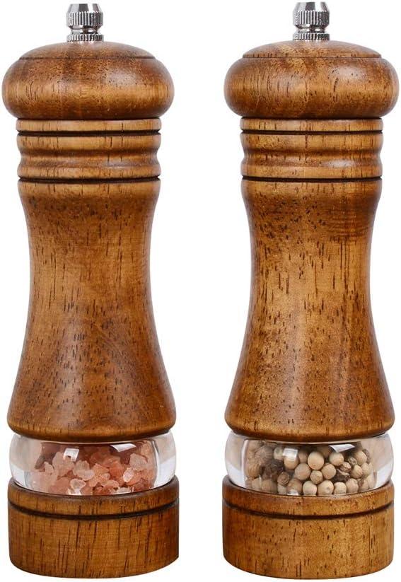 Haomacro Wood Salt and Pepper Grinder Set, Manual Mills with Acrylic Window, Adjustable Ceramic Grinding - 6.5inch, 2 Pack 6.5inch brown