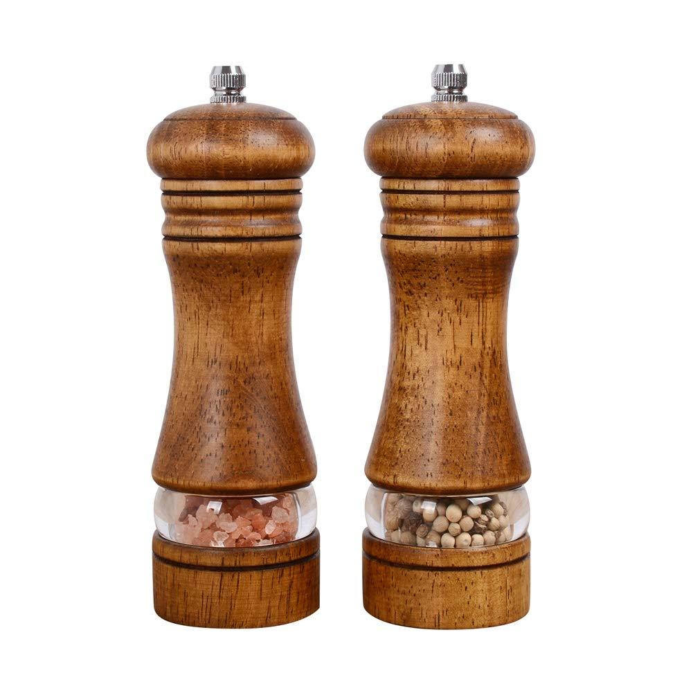 Haomacro Wood Salt and Pepper Grinder Set, Manual Mills with Acrylic Window, Adjustable Ceramic Grinding - 6.5inch, 2 Pack 6.5inch brown