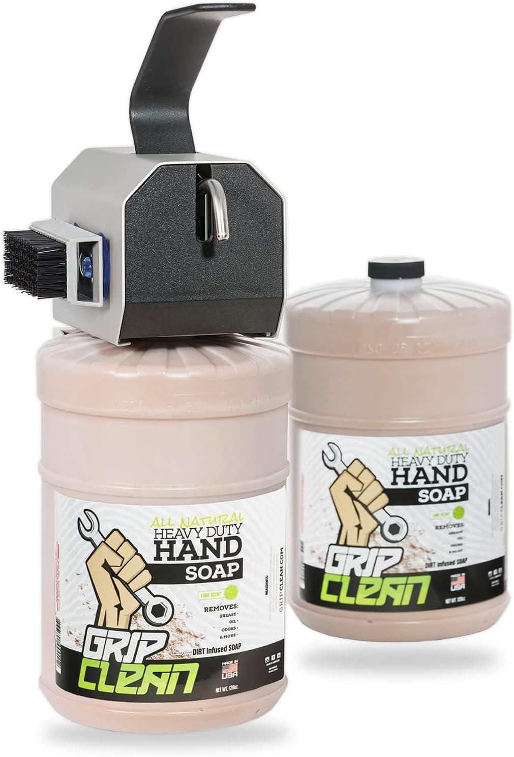 Grip Clean 3 Pack Combo - Wall-Mounted Soap Dispenser + 2 Gallons Heavy Duty Liquid Hand Cleaner Pumice Soap + Degreaser Nail Brush - for Auto Mechanics, Industrial, Commercial, Garage Shop