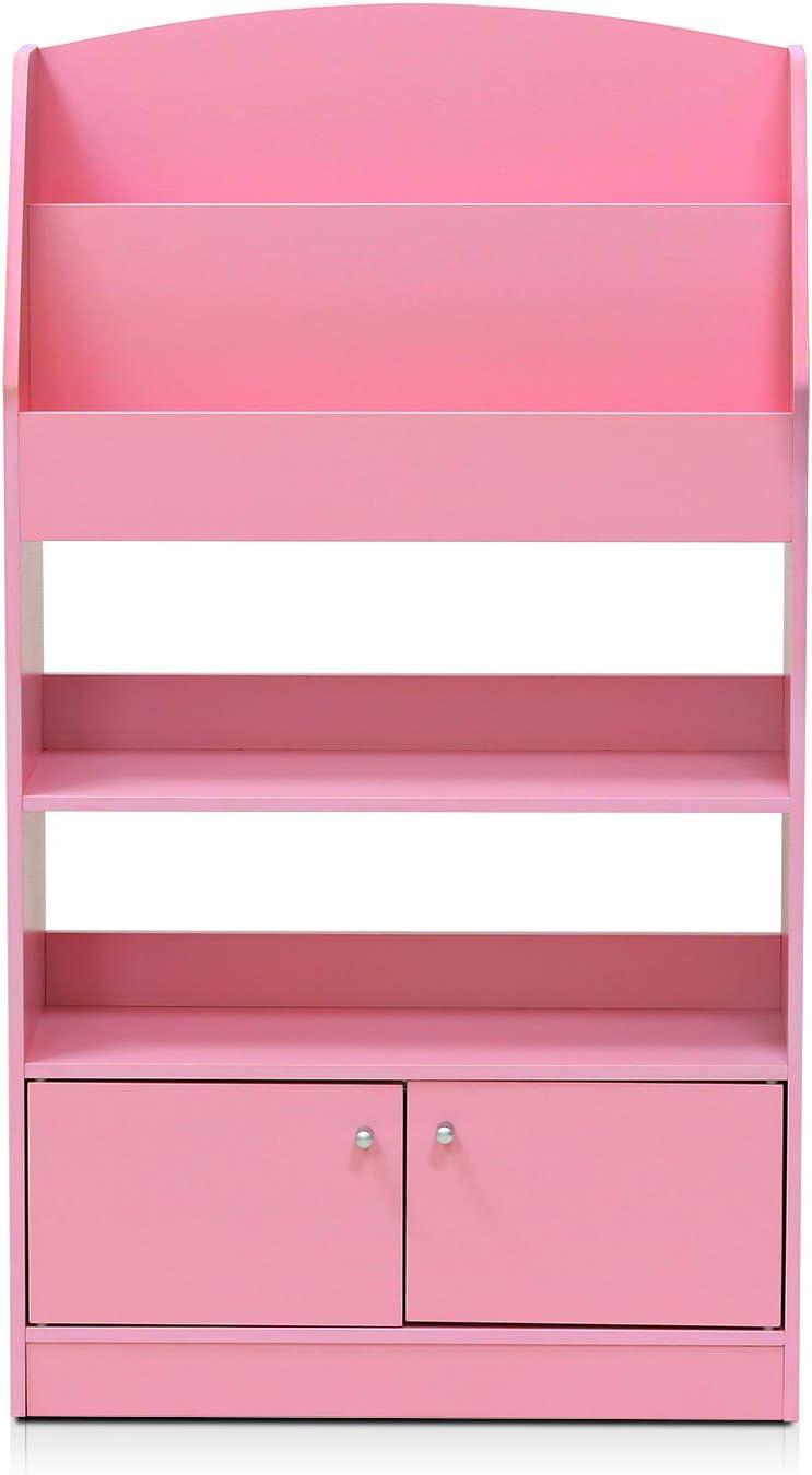 Contemporary Laminated Pink Wood Bookshelf for Kids with 4 Tiers and Cabinet