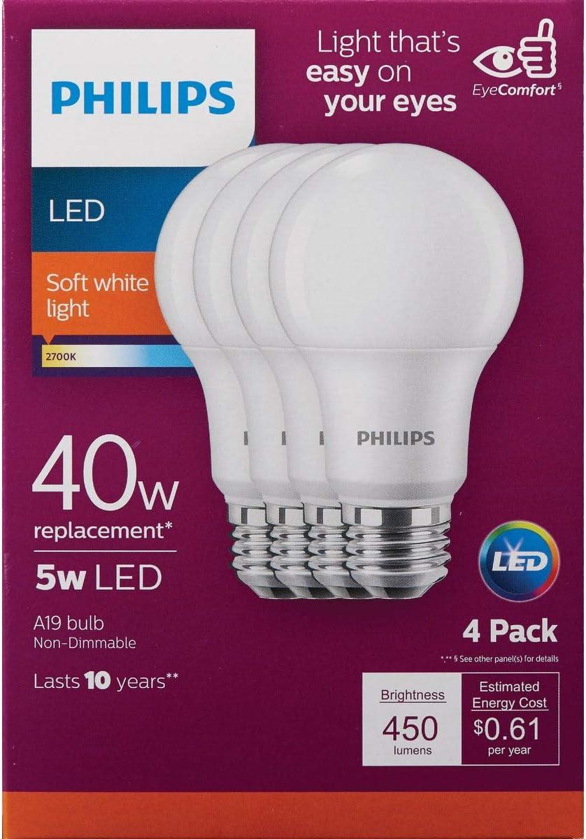 Philips LED 5 W (40 W Equivalent) frosted General Purpose Light Bulbs, A19 Bulb Shape, E26, Base (4 Pack)