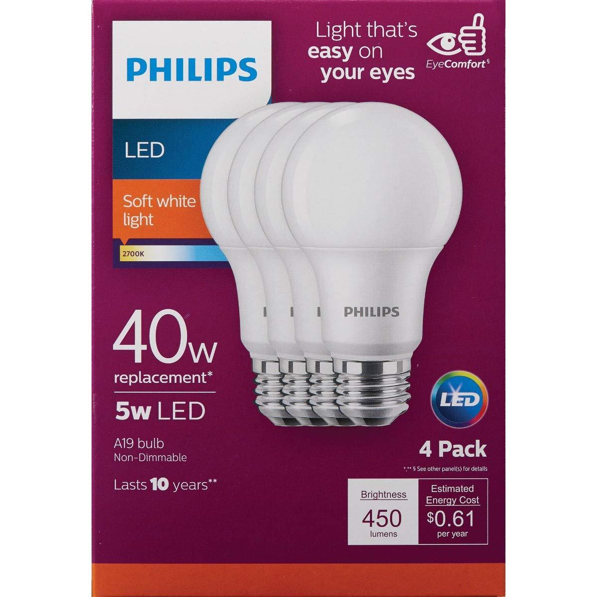 Philips LED 5 W (40 W Equivalent) frosted General Purpose Light Bulbs, A19 Bulb Shape, E26, Base (4 Pack)