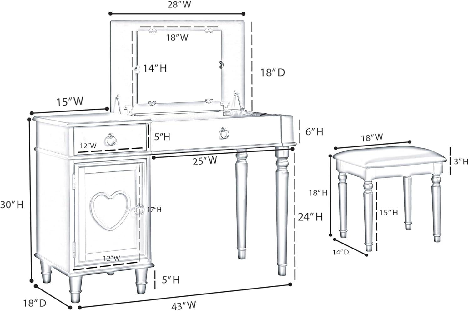 White Wooden Vanity Set with Mirror and Bench