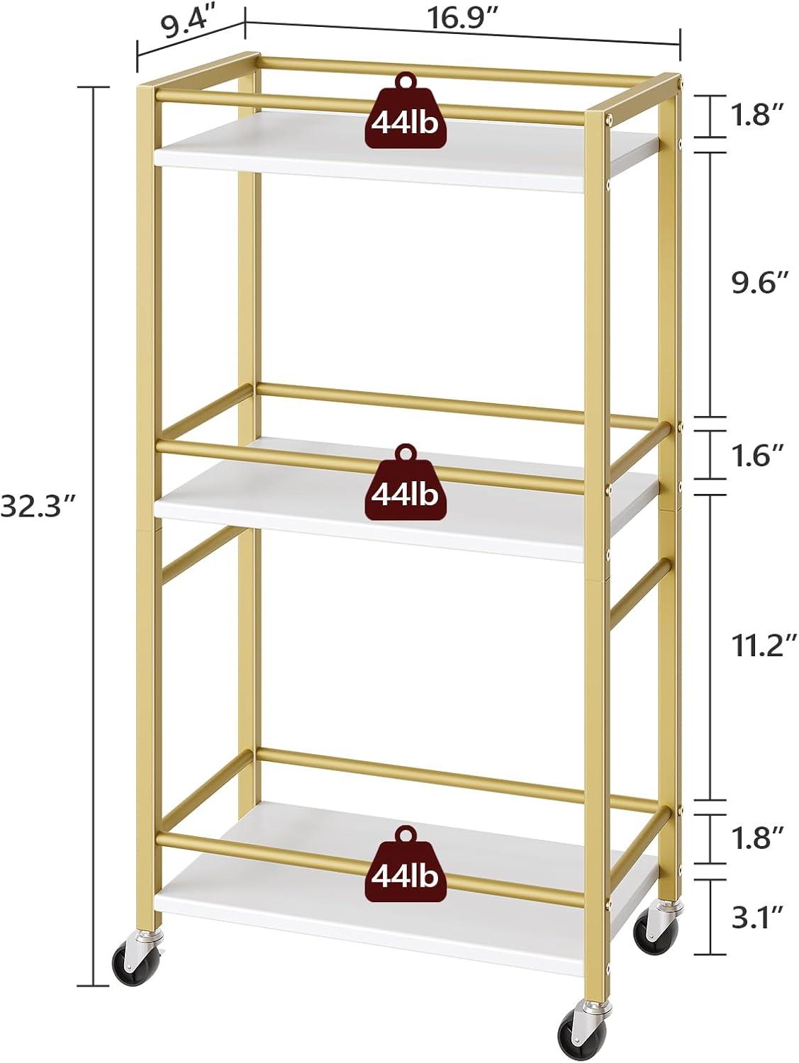 Gold and White Narrow Kitchen Cart with Storage